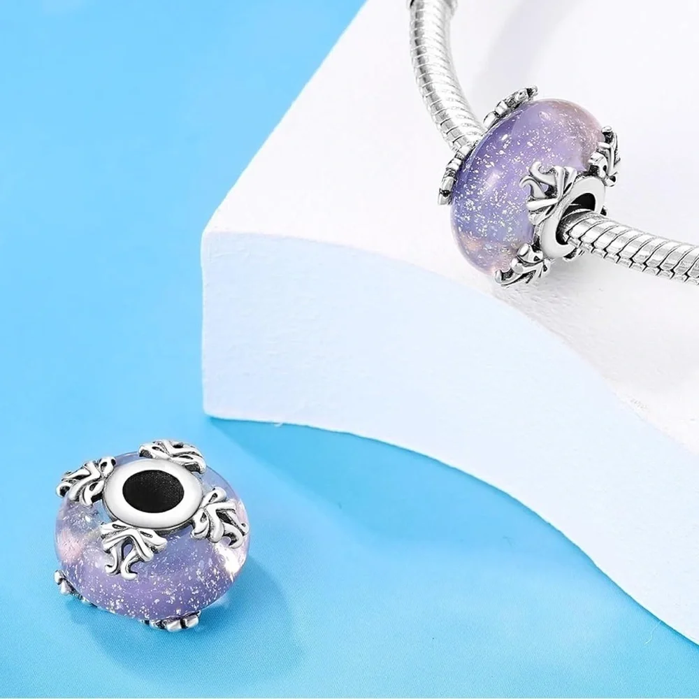 Purple and Silver Floral Bracelet Charm Murano Bead